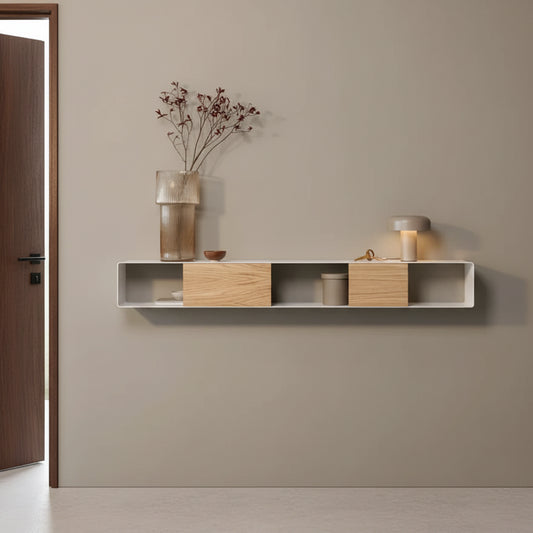 Mesa de pared RIVA en blanco montada en salón con decoración Japandi - Kaimok Design