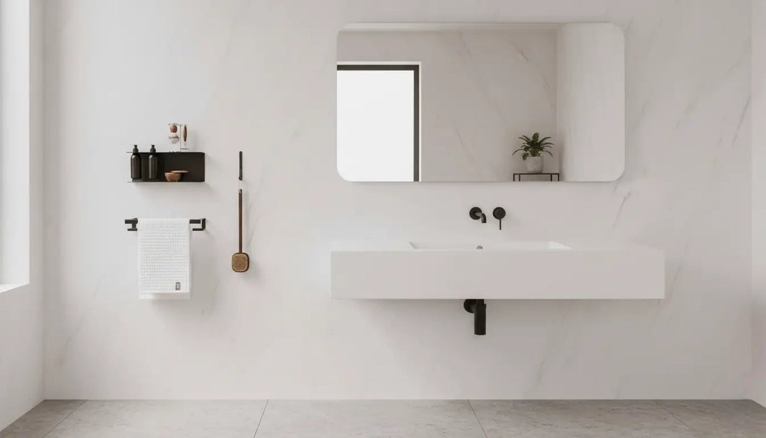 Baño minimalista con accesorios de pared en negro y madera: portarrollos, escobillero, toallero y dispensador de jabón Catania de Kaimok Design