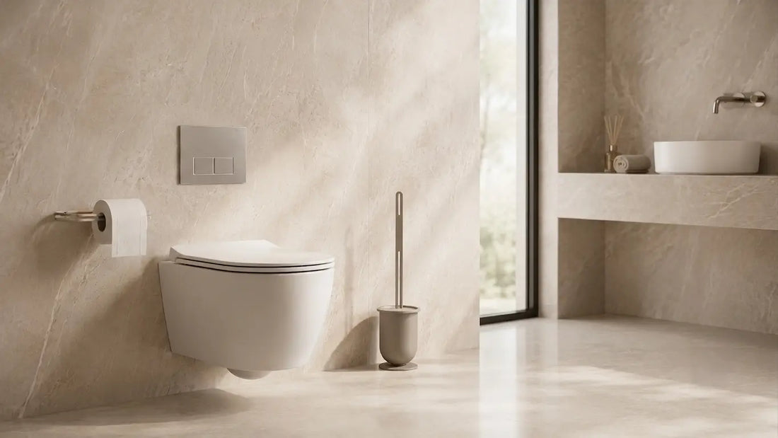 Accesorios de baño metálicos Kaimok en negro, blanco y beige sobre fondo neutro estilo Japandi