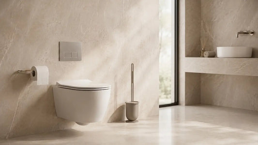 Accesorios de baño metálicos Kaimok en negro, blanco y beige sobre fondo neutro estilo Japandi
