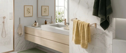 Toallero Tallinn y gancho Malmo en baño moderno minimalista — accesorios de baño Japandi en metal
