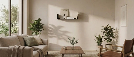 Estantería de pared metálica en salón de estilo Japandi con libros y objetos decorativos ordenados