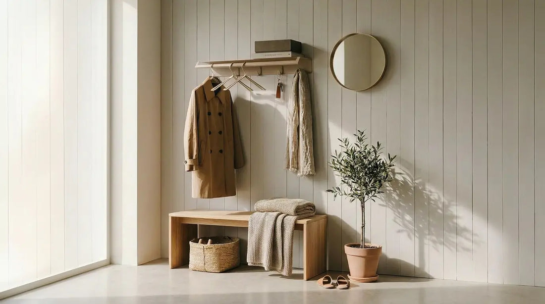 Entrada con pared funcional en estilo Japandi — estante de pared - perchero de pared Lyon — accesorios de pared Kaimok Design