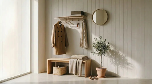 Entrada con pared funcional en estilo Japandi — estante de pared - perchero de pared Lyon — accesorios de pared Kaimok Design