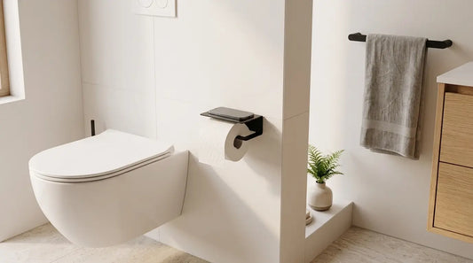 Portarrollos Bari S negro mate instalado sin taladro junto al inodoro - Kaimok Design