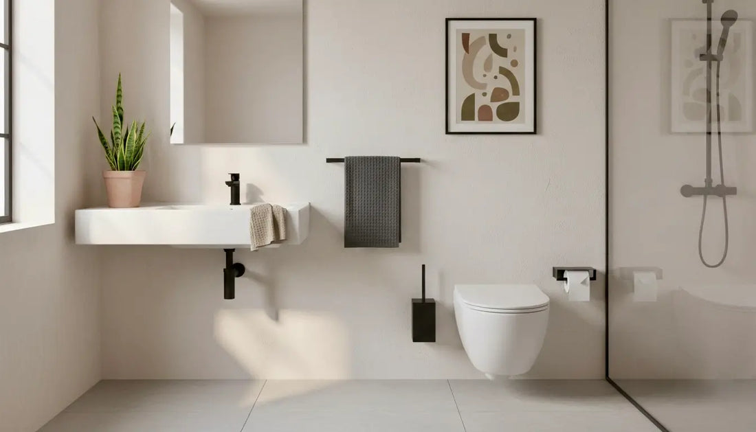 Kaimok Design - Accesorios de baño negros mate en acero inoxidable — toallero, escobillero y portarrollos