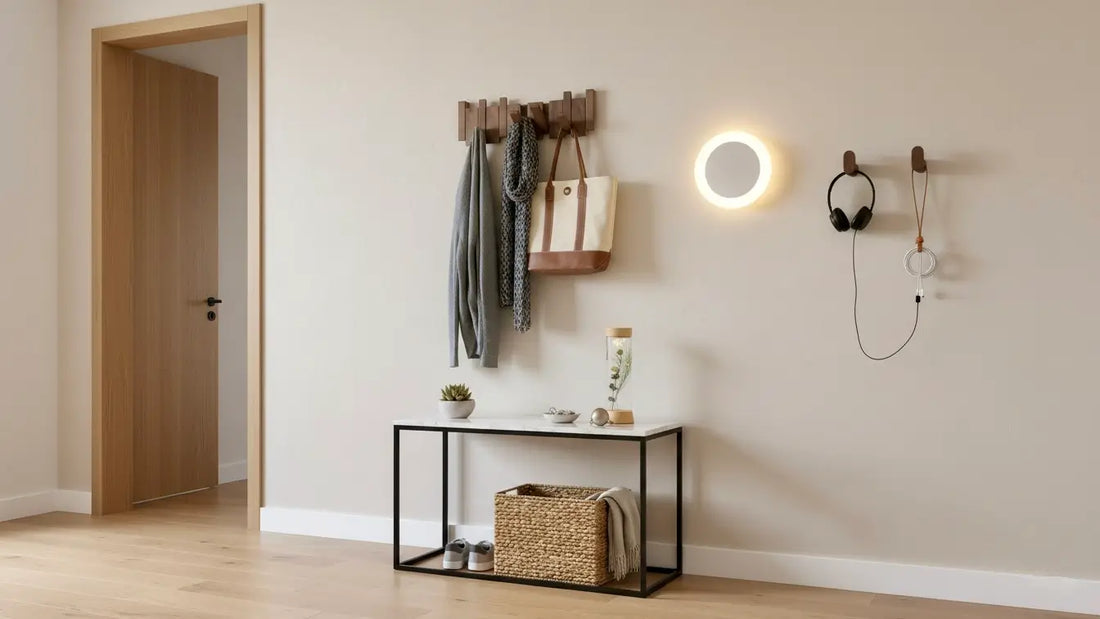 Perchero de pared madera natural estilo japandi entrada minimalista, Kaimok Design