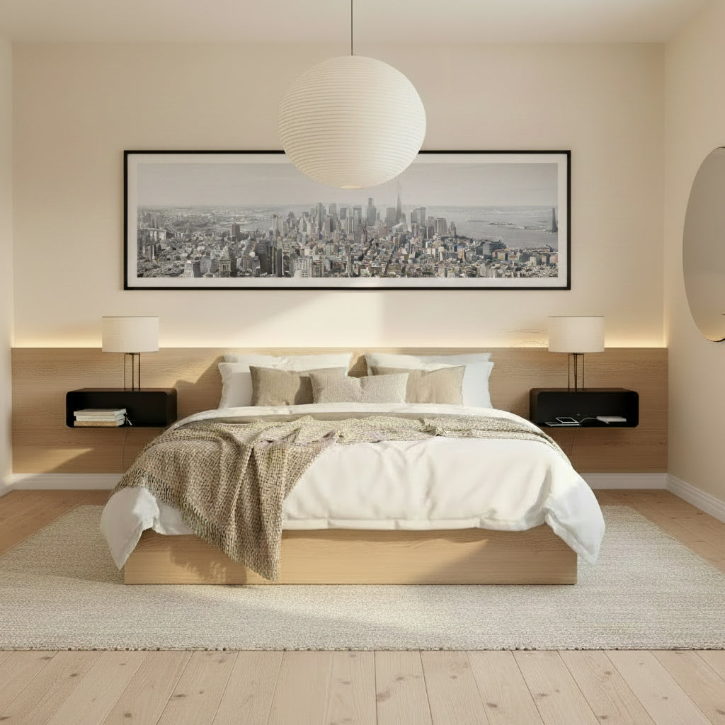 Mesita de pared COMO en negro mate con forma oval en dormitorio minimalista - Kaimok Design