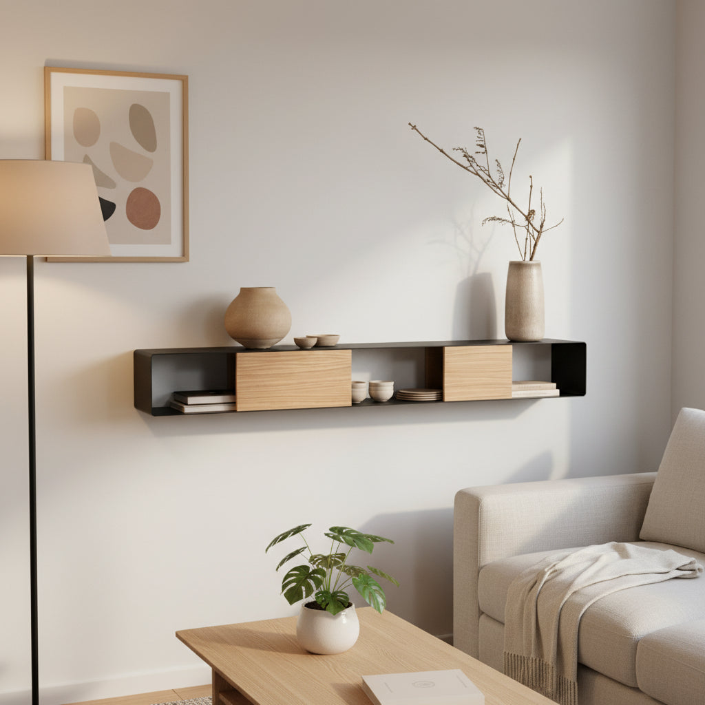 Consola de pared RIVA en negro con insertos de roble natural en entrada minimalista - Kaimok Design