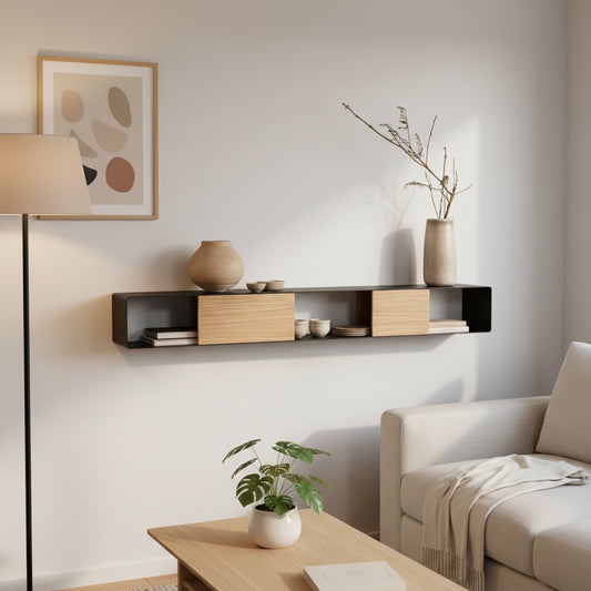 Consola de pared RIVA en negro con insertos de roble natural en entrada minimalista - Kaimok Design