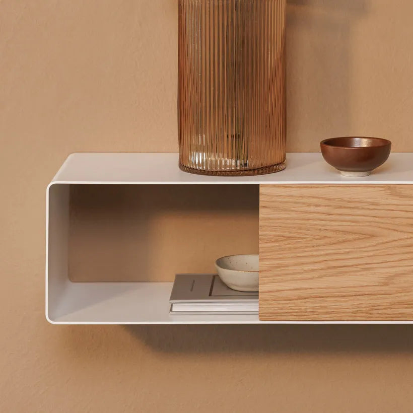 Consola de pared RIVA – mesa de pared en metal blanco y madera roble natural - Kaimok Design