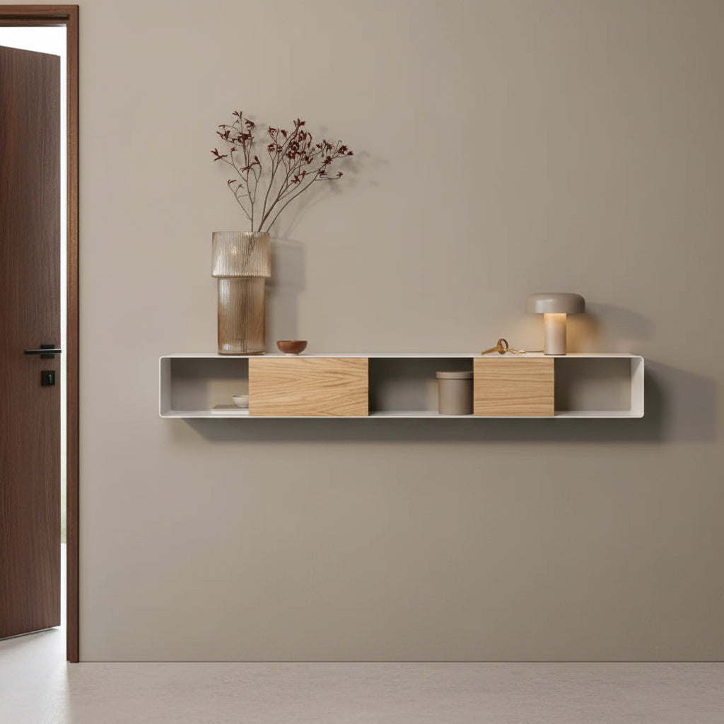 Mesa de pared RIVA en blanco montada en salón con decoración Japandi - Kaimok Design