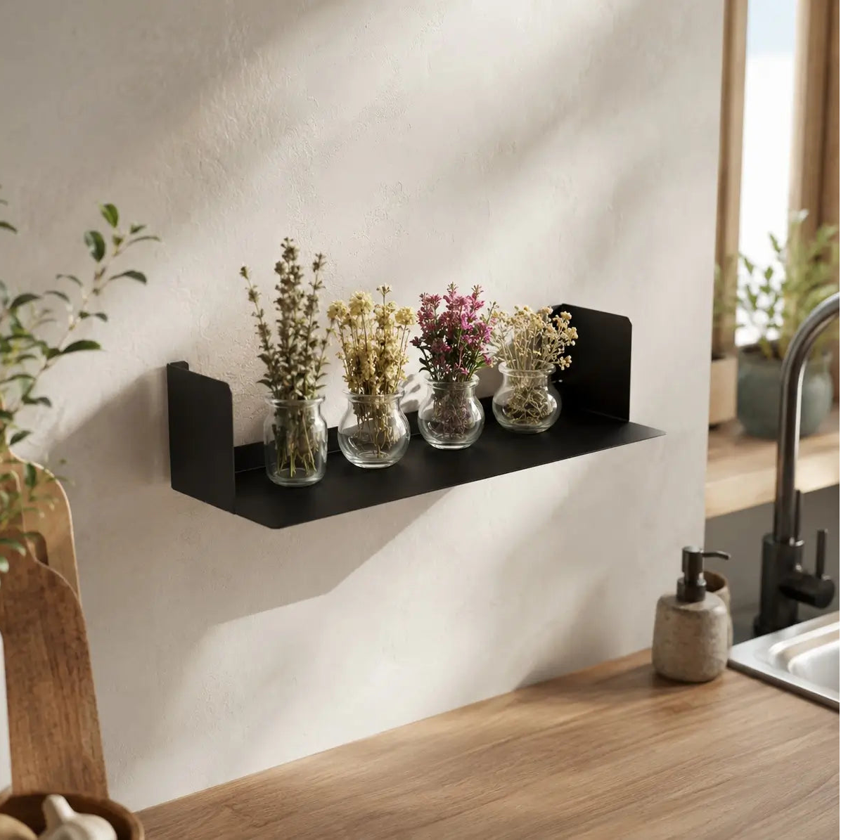 Estanterías de pared metal negro Firenze, en la cocina - Kaimok Design